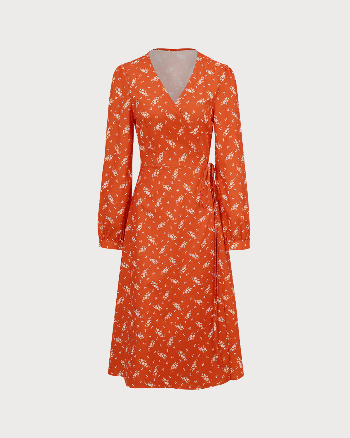 Orange Floral Wrap Midi Dress - Threadford