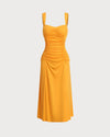 Orange Ruched Knitted Slip Midi Dress - Threadford