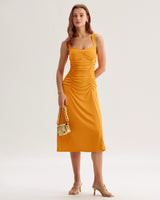 Orange Ruched Knitted Slip Midi Dress - Threadford