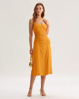 Orange Ruched Knitted Slip Midi Dress - Threadford