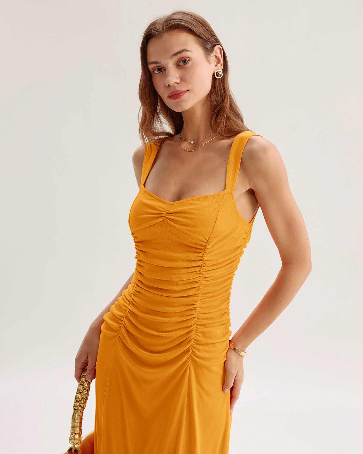 Orange Ruched Knitted Slip Midi Dress - Threadford