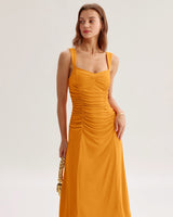 Orange Ruched Knitted Slip Midi Dress - Threadford