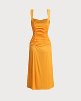 Orange Ruched Knitted Slip Midi Dress - Threadford