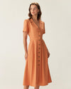 Orange V Neck Pleated Button Midi Dress - Threadford