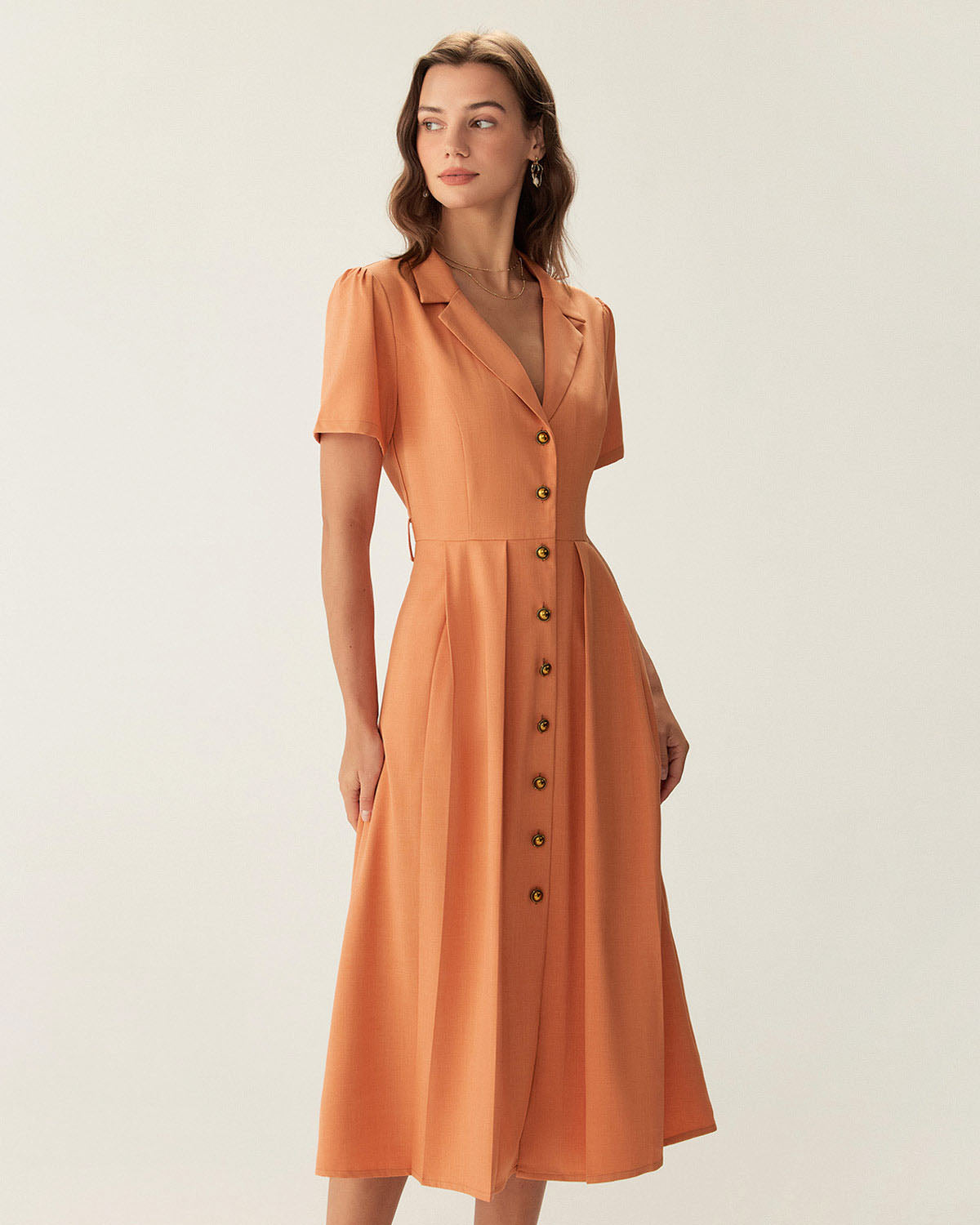 Orange V Neck Pleated Button Midi Dress - Threadford