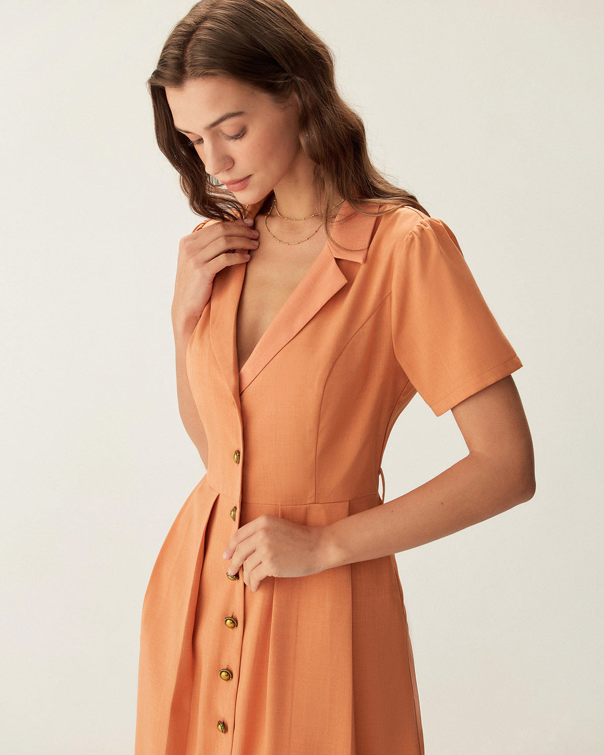 Orange V Neck Pleated Button Midi Dress - Threadford