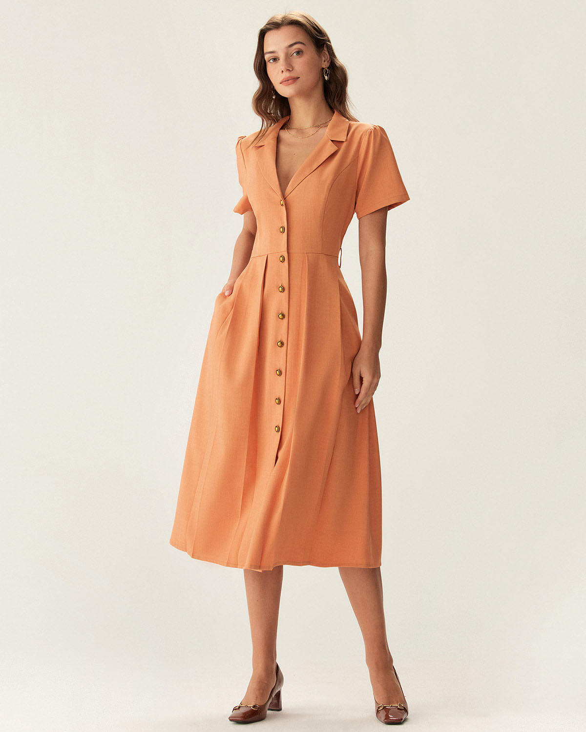 Orange V Neck Pleated Button Midi Dress - Threadford