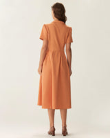 Orange V Neck Pleated Button Midi Dress - Threadford