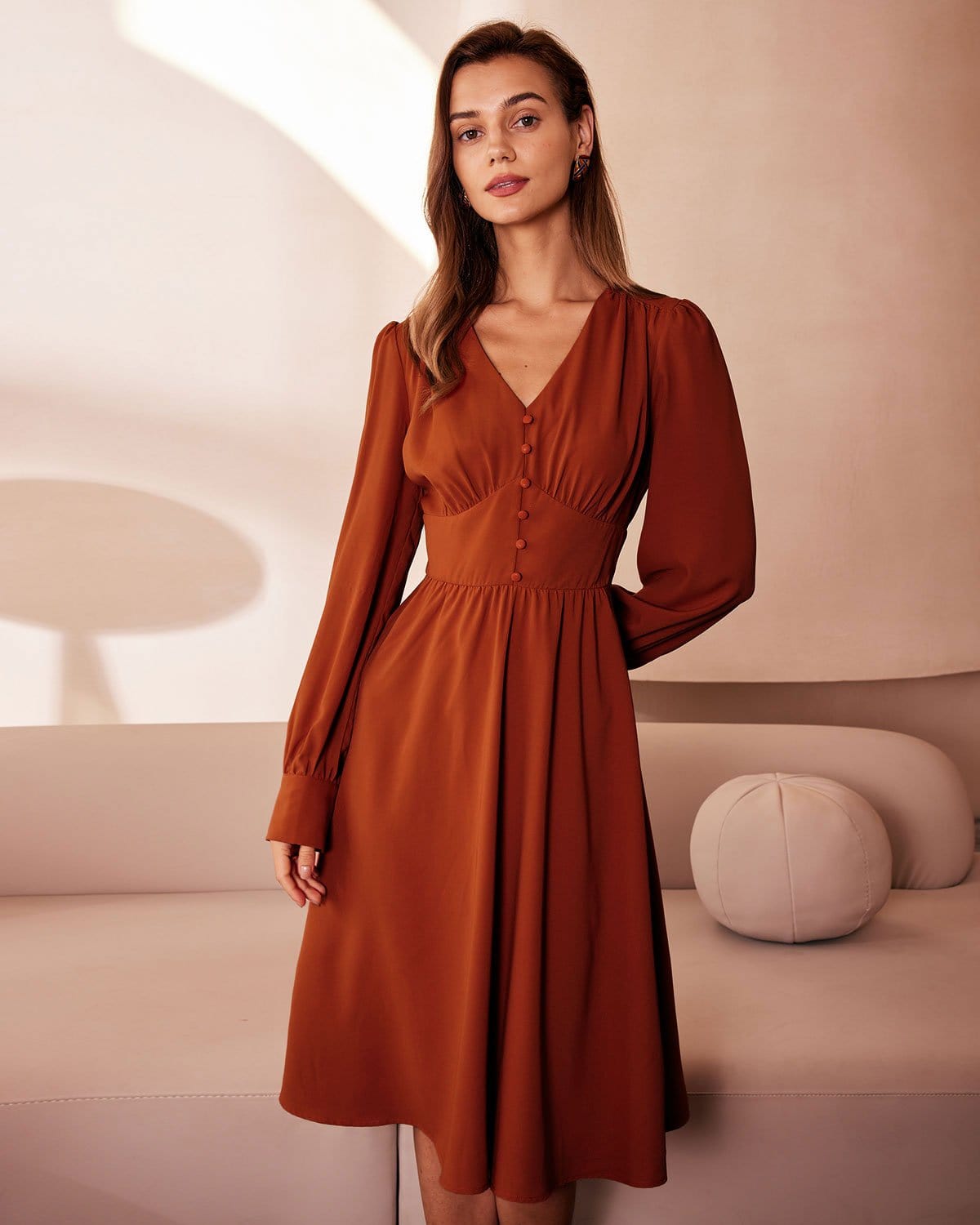 The Orange V Neck Pleated Button Midi Dress - Threadford