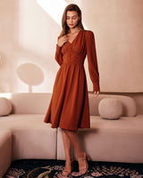 The Orange V Neck Pleated Button Midi Dress - Threadford