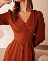 The Orange V Neck Pleated Button Midi Dress - Threadford