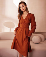 The Orange V Neck Pleated Button Midi Dress - Threadford