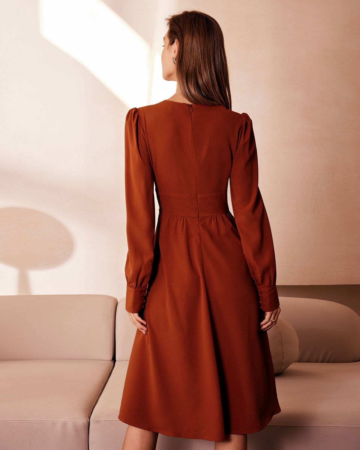 The Orange V Neck Pleated Button Midi Dress - Threadford