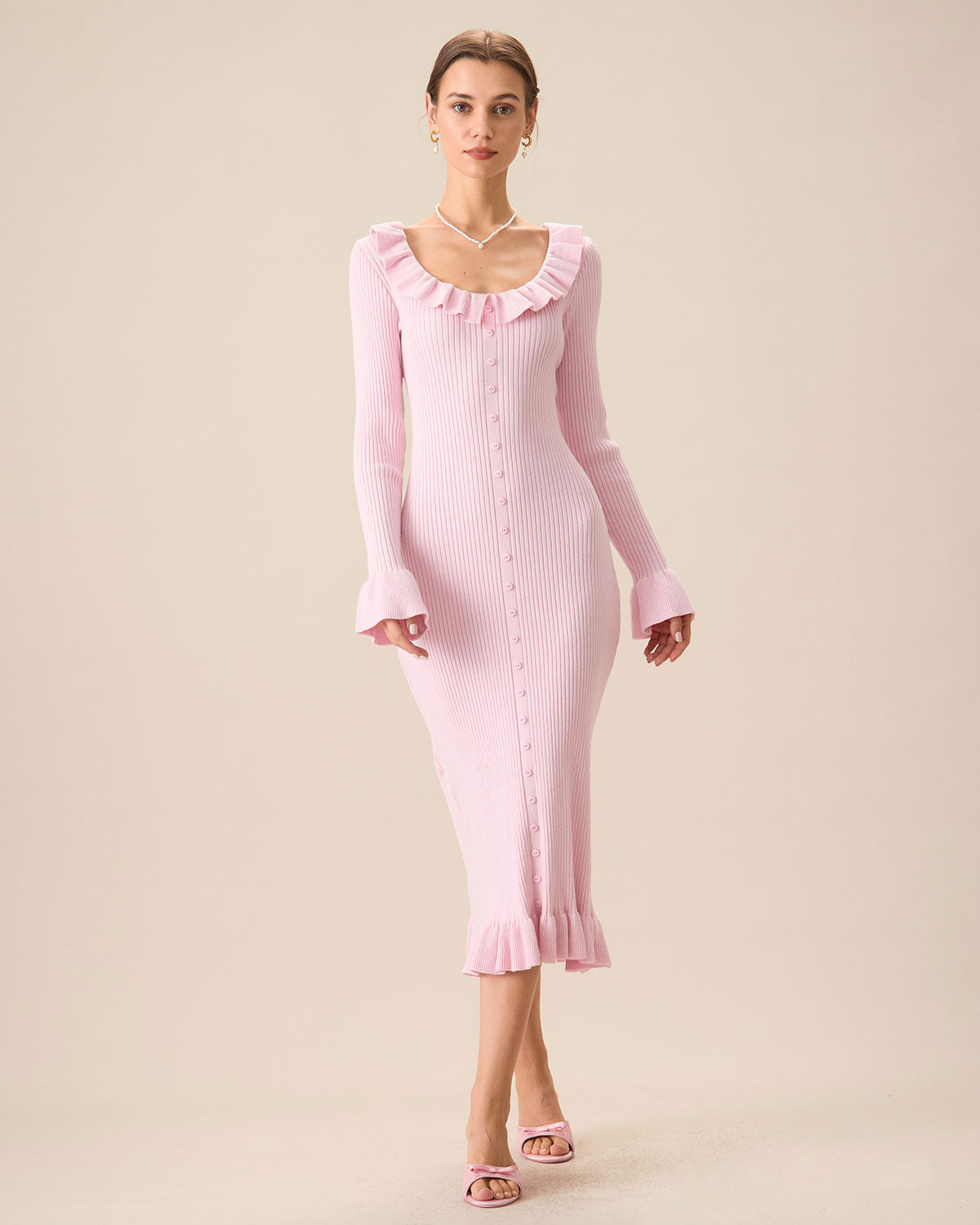 Women's Pink U-Neck Ruffle Bodycon Sweater Dress - Threadford