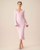 Women's Pink U-Neck Ruffle Bodycon Sweater Dress - Threadford