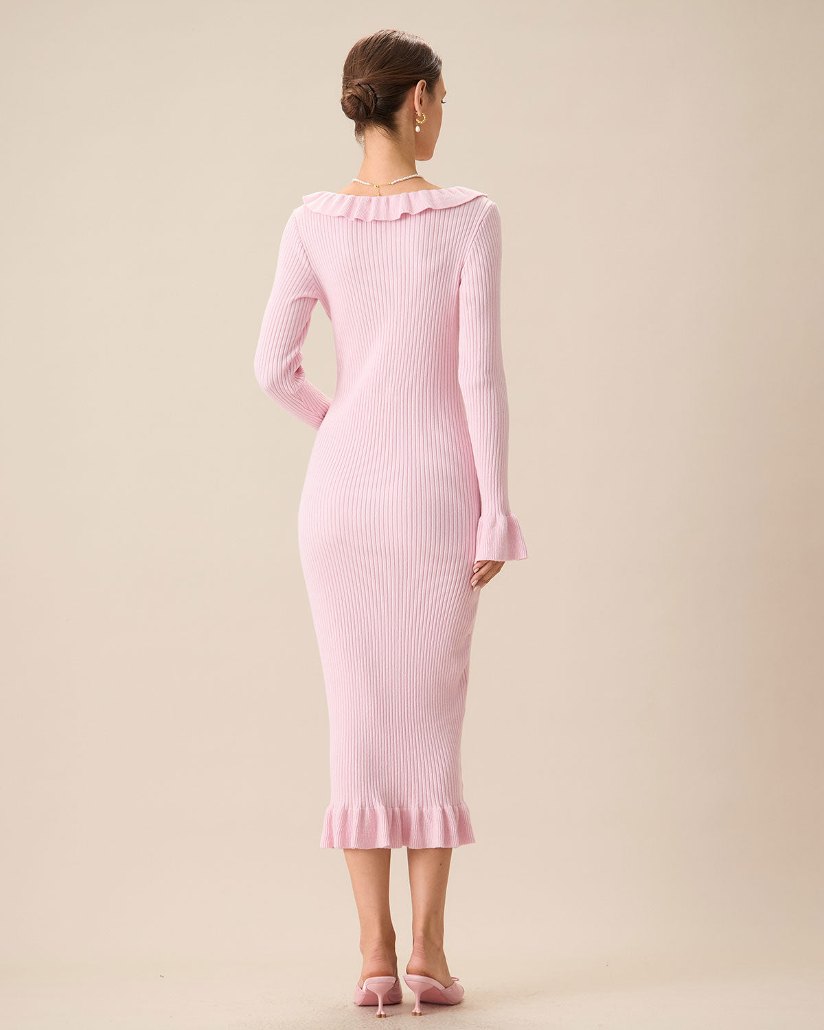 Women's Pink U-Neck Ruffle Bodycon Sweater Dress - Threadford