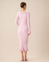 Women's Pink U-Neck Ruffle Bodycon Sweater Dress - Threadford