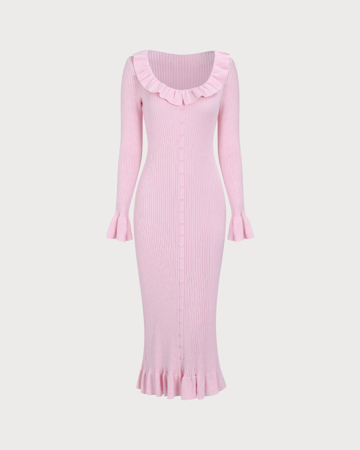 Women's Pink U-Neck Ruffle Bodycon Sweater Dress - Threadford