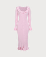 Women's Pink U-Neck Ruffle Bodycon Sweater Dress - Threadford