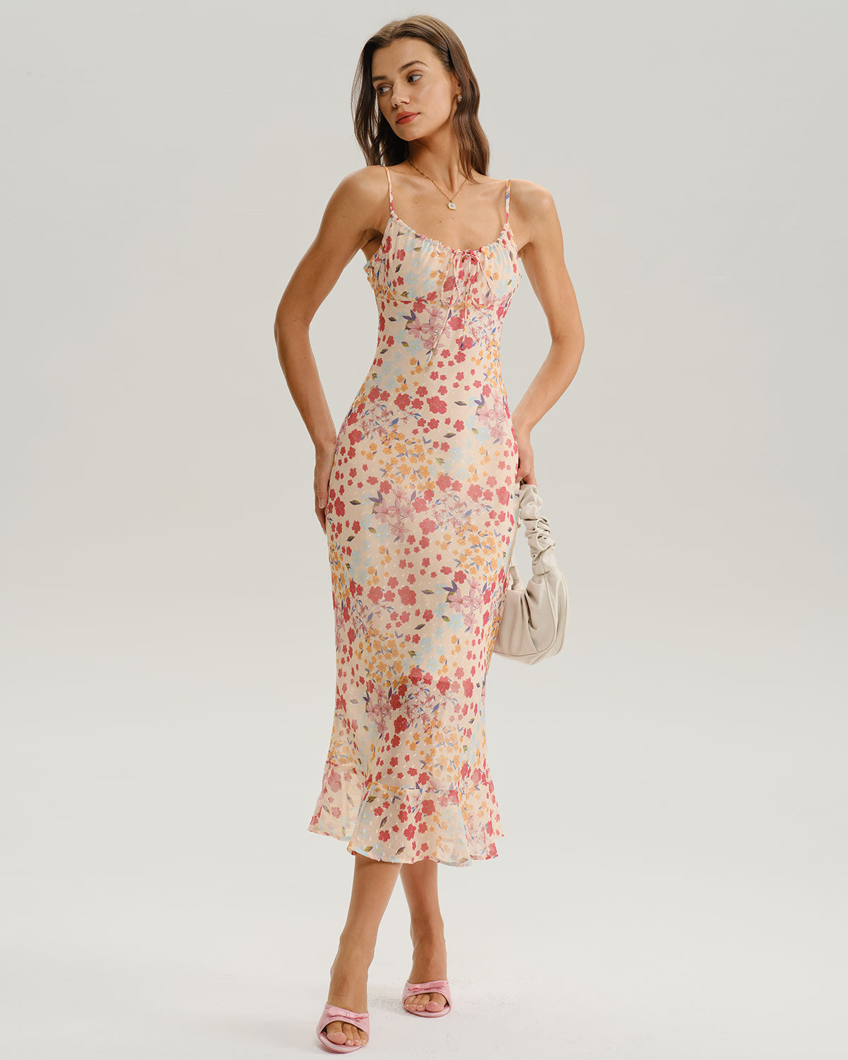 Pink Floral Bodycon Slip Midi Dress - Threadford