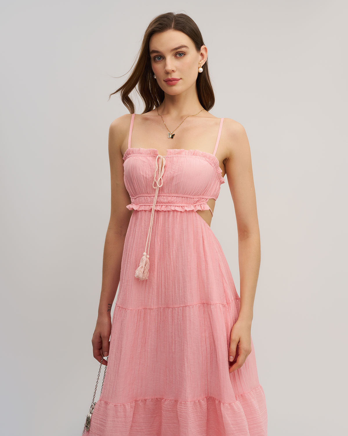 Pink Ruffle Slip Midi Dress - Threadford