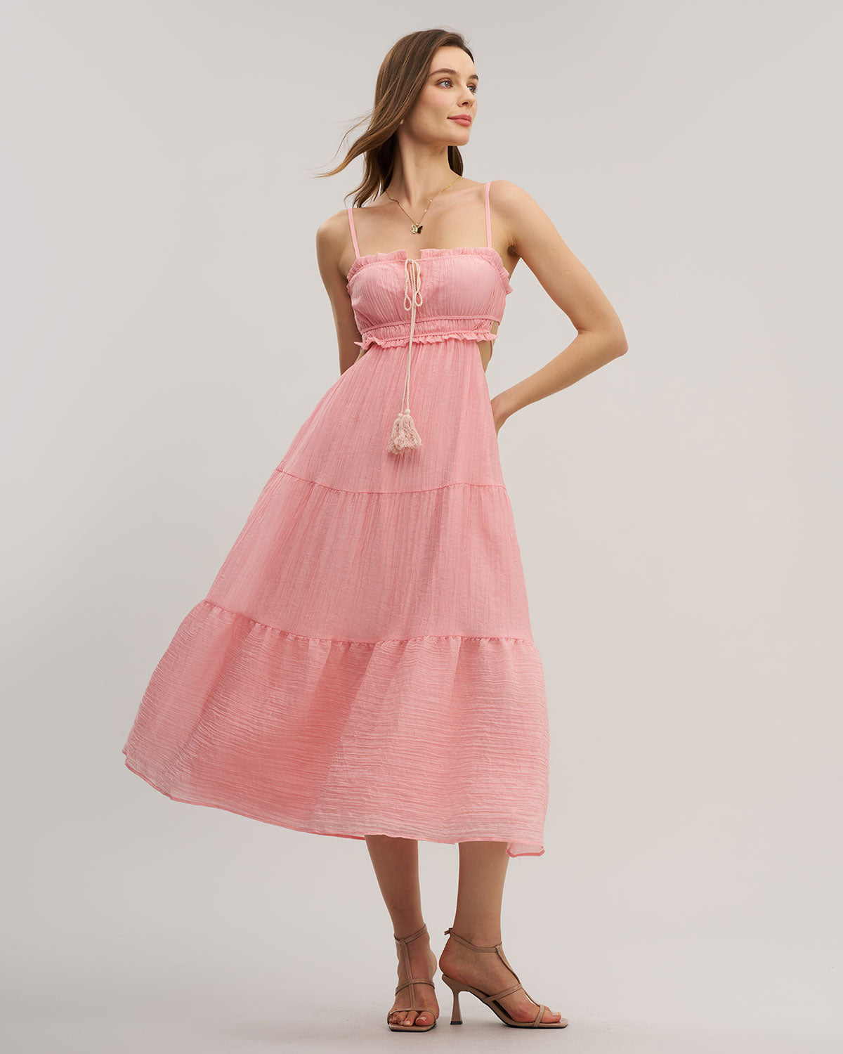 Pink Ruffle Slip Midi Dress - Threadford