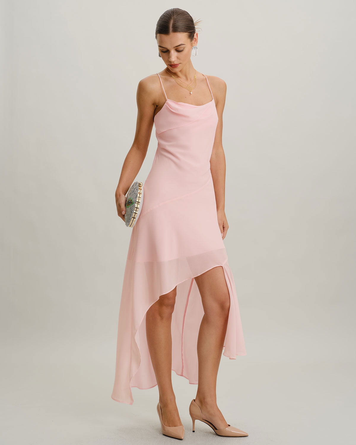 Pink Chiffon A-Line Slip Midi Dress - Threadford