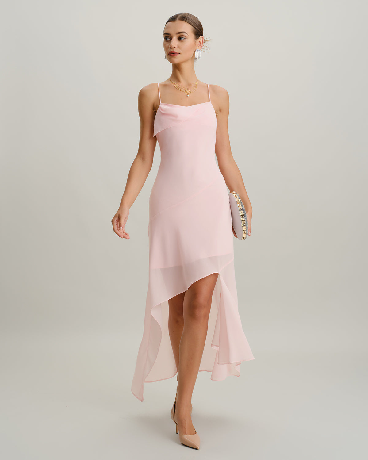 Pink Chiffon A-Line Slip Midi Dress - Threadford