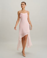 Pink Chiffon A-Line Slip Midi Dress - Threadford