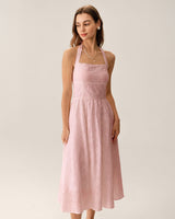 Pink Embroidery Halter Midi Dress - Threadford