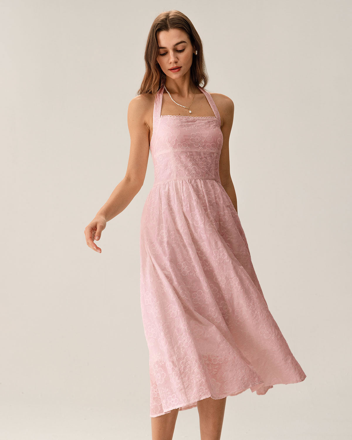 Pink Embroidery Halter Midi Dress - Threadford
