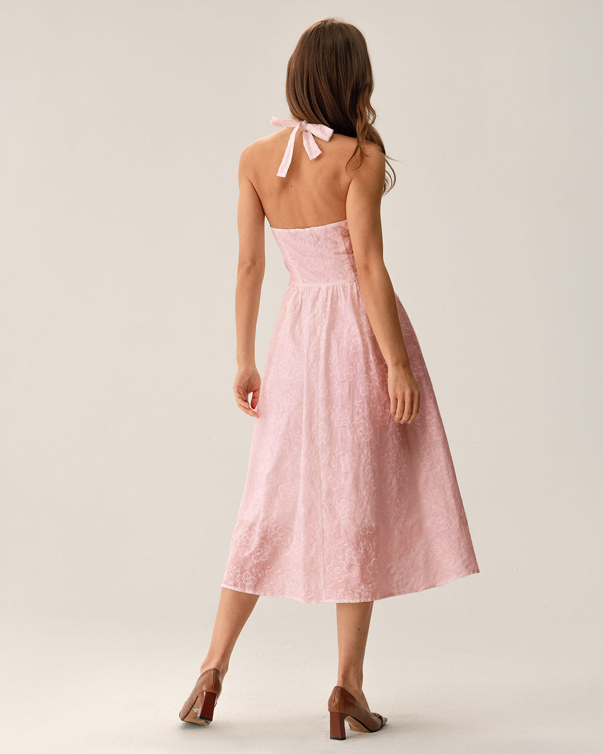 Pink Embroidery Halter Midi Dress - Threadford