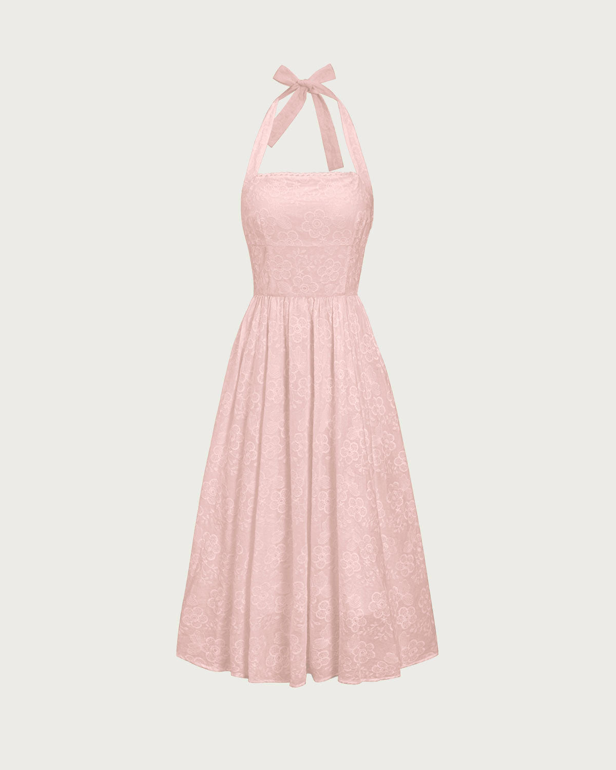 Pink Embroidery Halter Midi Dress - Threadford
