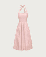 Pink Embroidery Halter Midi Dress - Threadford