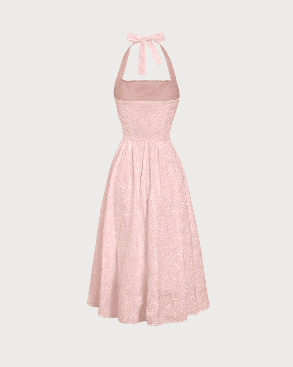 Pink Embroidery Halter Midi Dress - Threadford