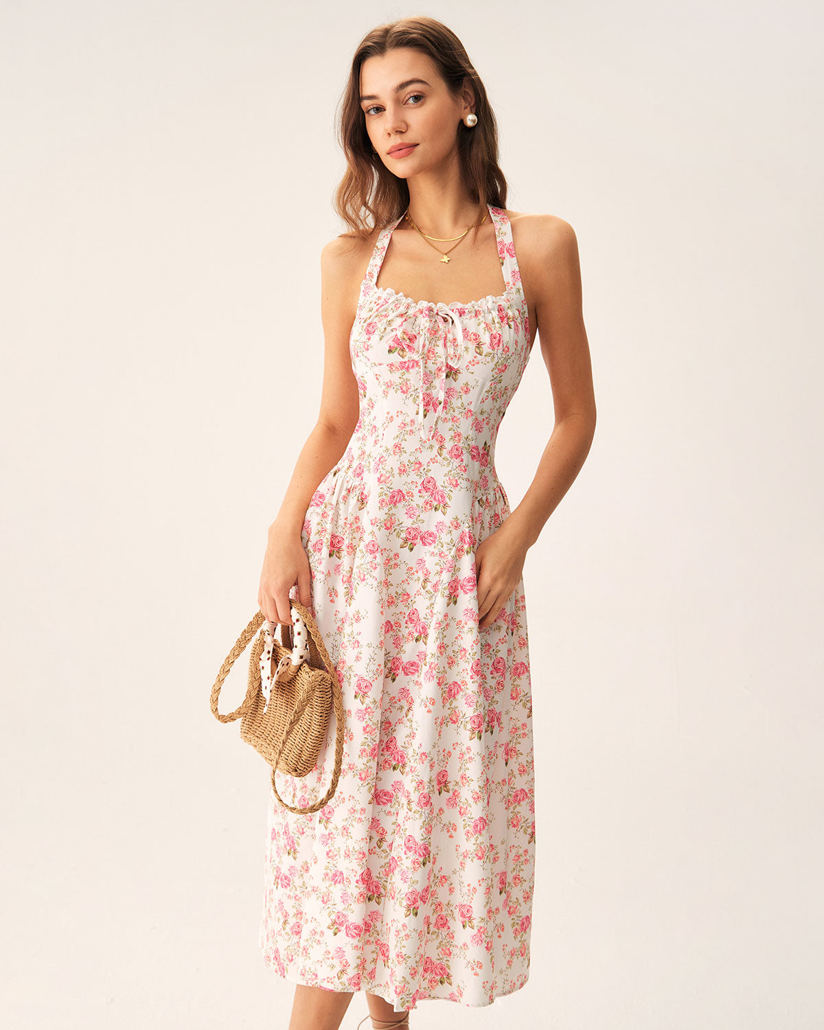 Pink Floral Halter Midi Dress - Threadford