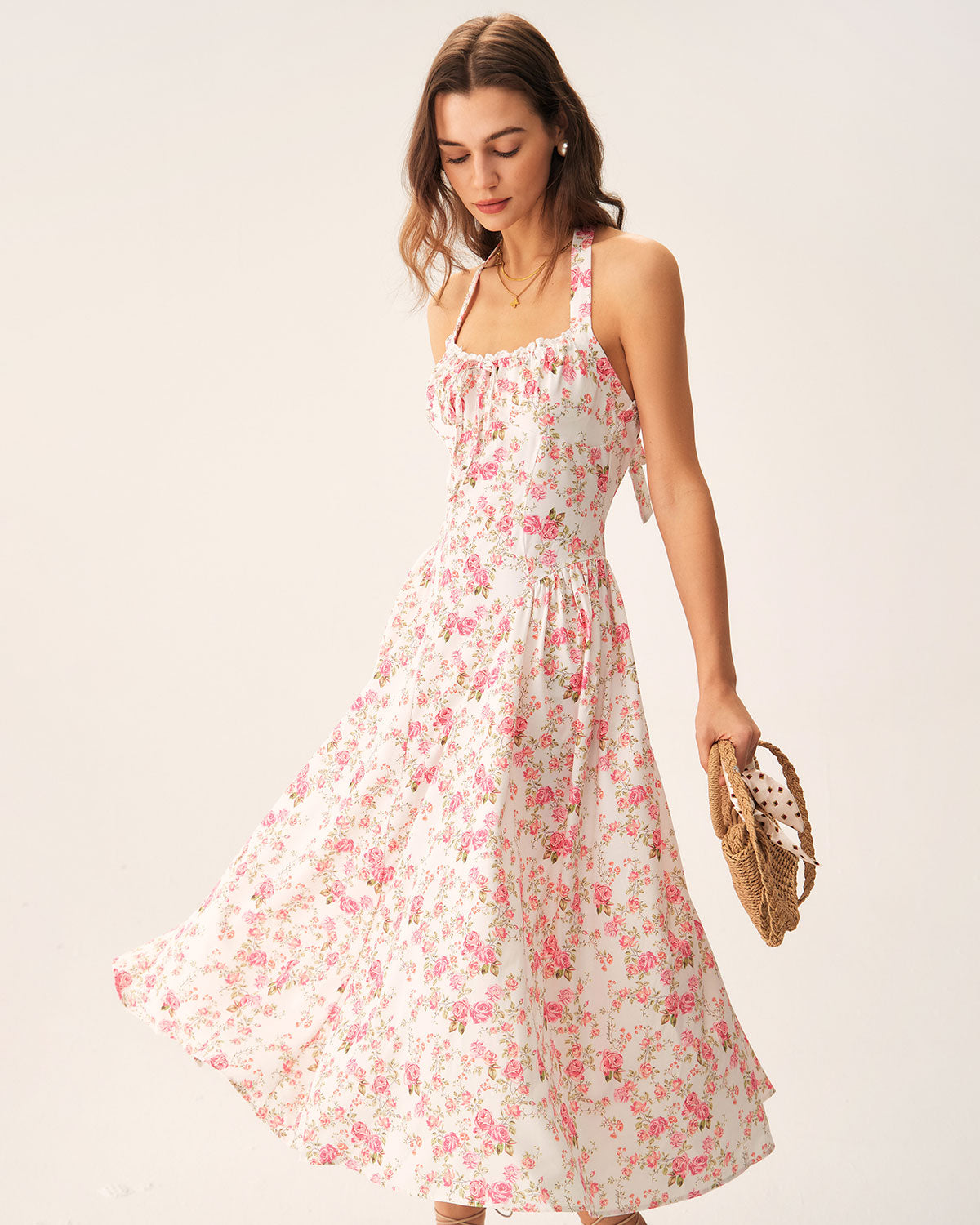 Pink Floral Halter Midi Dress - Threadford