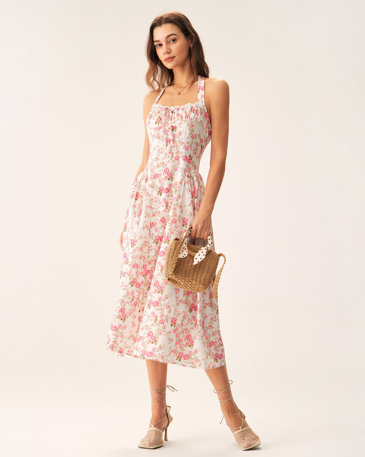 Pink Floral Halter Midi Dress - Threadford
