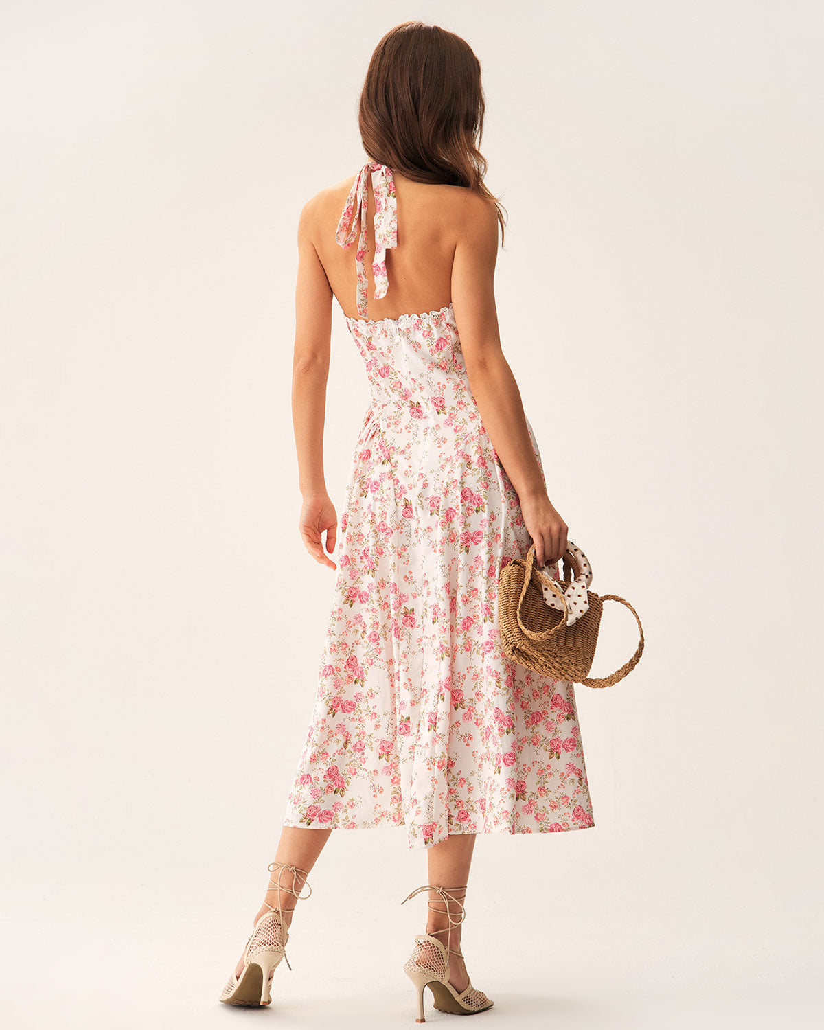 Pink Floral Halter Midi Dress - Threadford