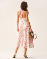 Pink Floral Halter Midi Dress - Threadford
