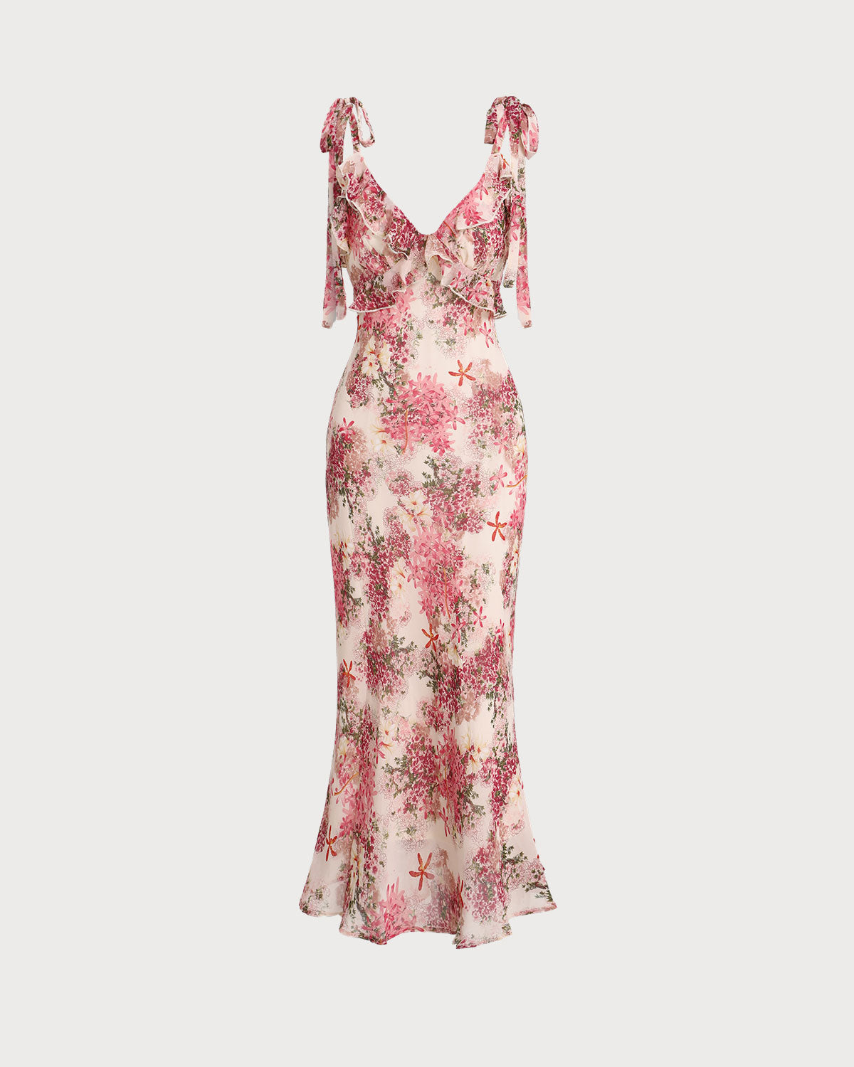 Pink Floral Ruffle Tie Strap Midi Dress - Threadford