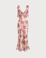 Pink Floral Ruffle Tie Strap Midi Dress - Threadford