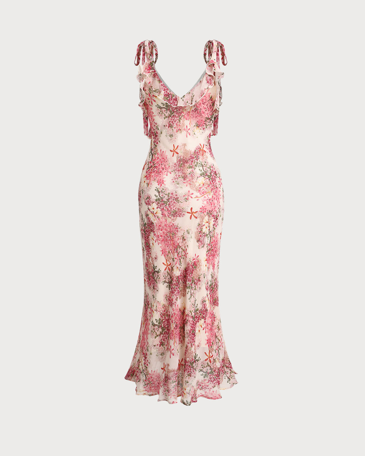 Pink Floral Ruffle Tie Strap Midi Dress - Threadford