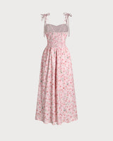 Pink Floral Shirred Slip Midi Dress - Threadford