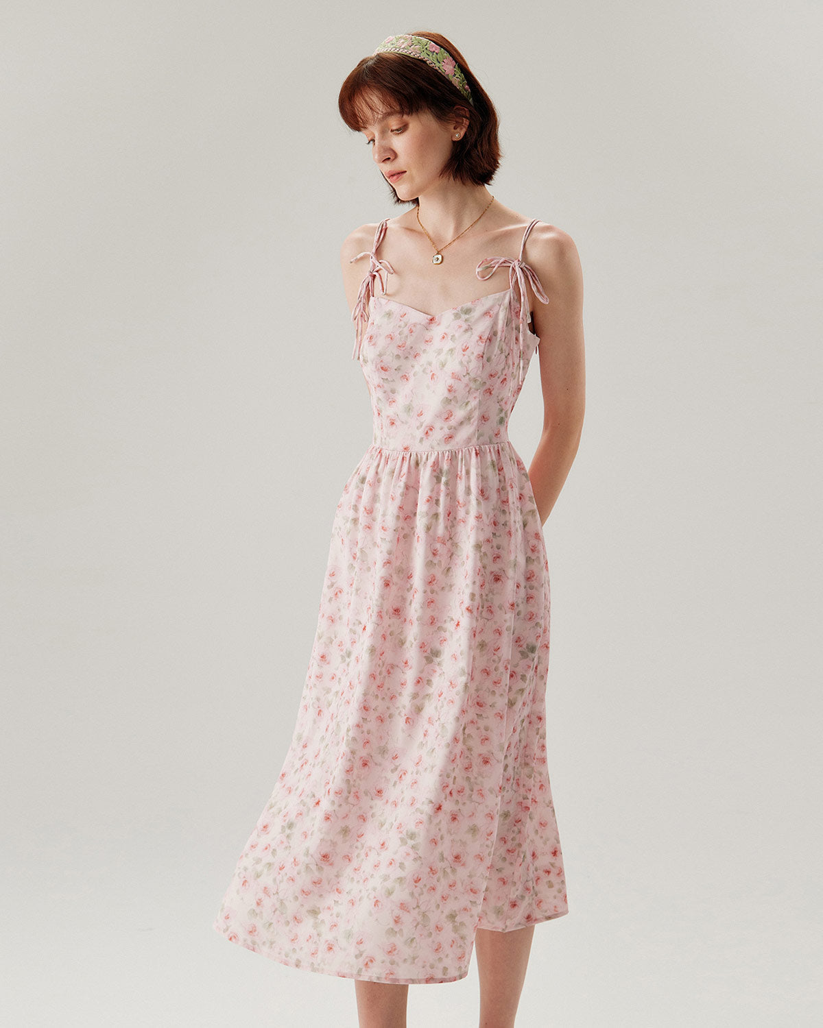 Pink Floral Shirred Slip Midi Dress - Threadford