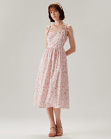 Pink Floral Shirred Slip Midi Dress - Threadford