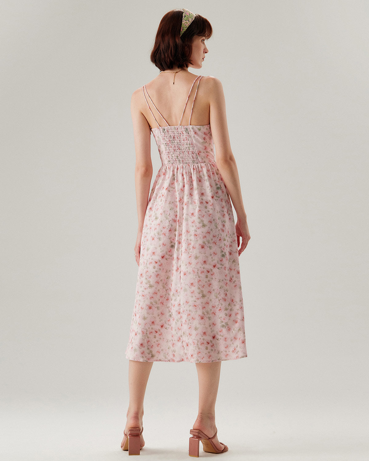 Pink Floral Shirred Slip Midi Dress - Threadford
