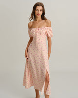 Pink Floral Square Neck Puffed Sleeve Midi Dress - Threadford