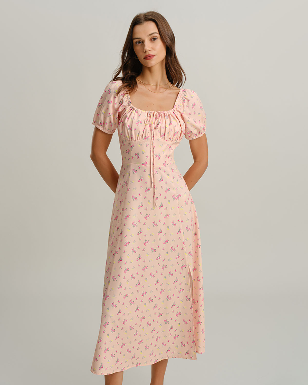 Pink Floral Square Neck Puffed Sleeve Midi Dress - Threadford