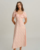 Pink Floral Square Neck Puffed Sleeve Midi Dress - Threadford